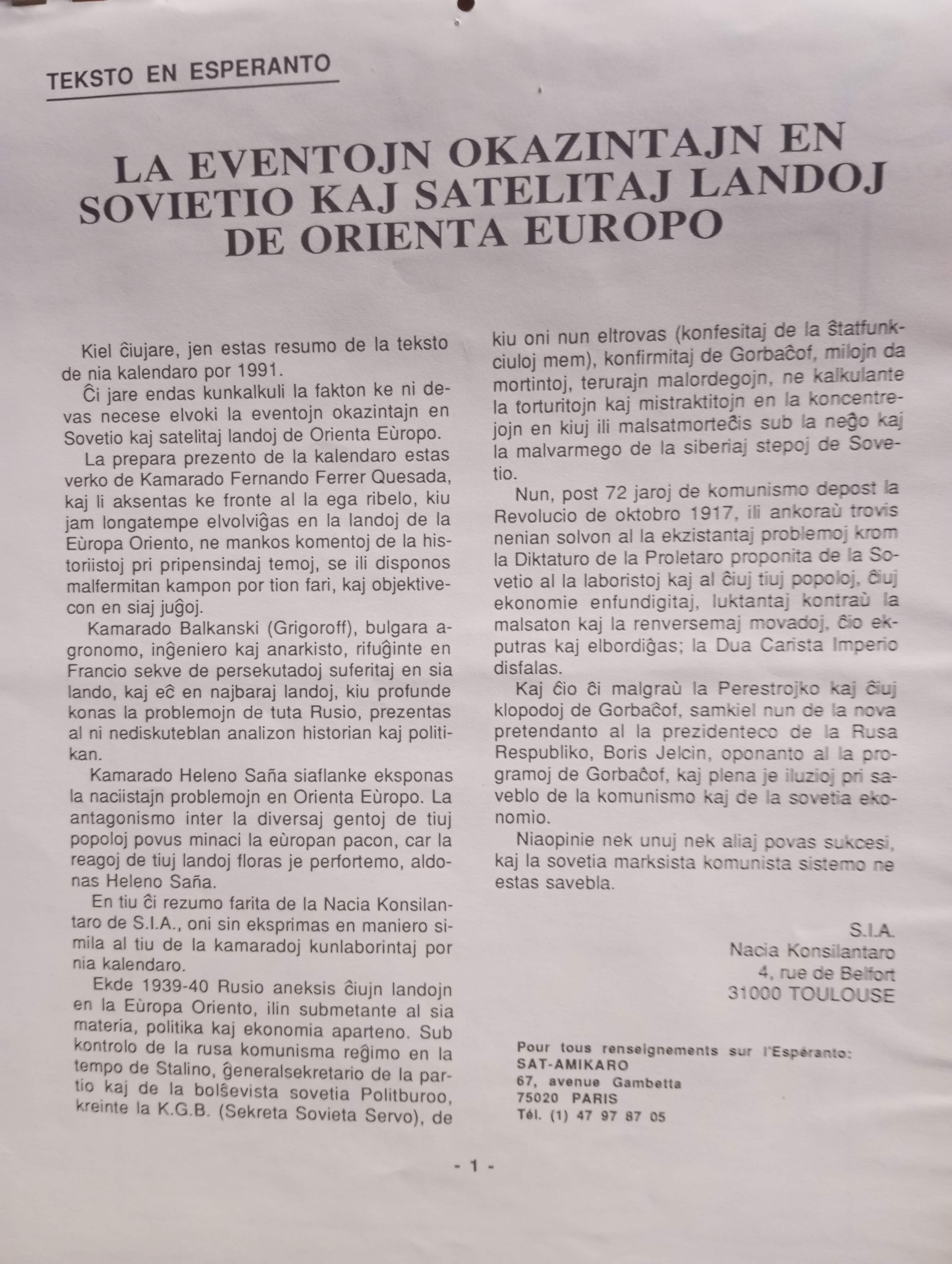 Texto en esperanto sobre la URSS y los países de Europa oriental. Complemento del calendario SIA 1991