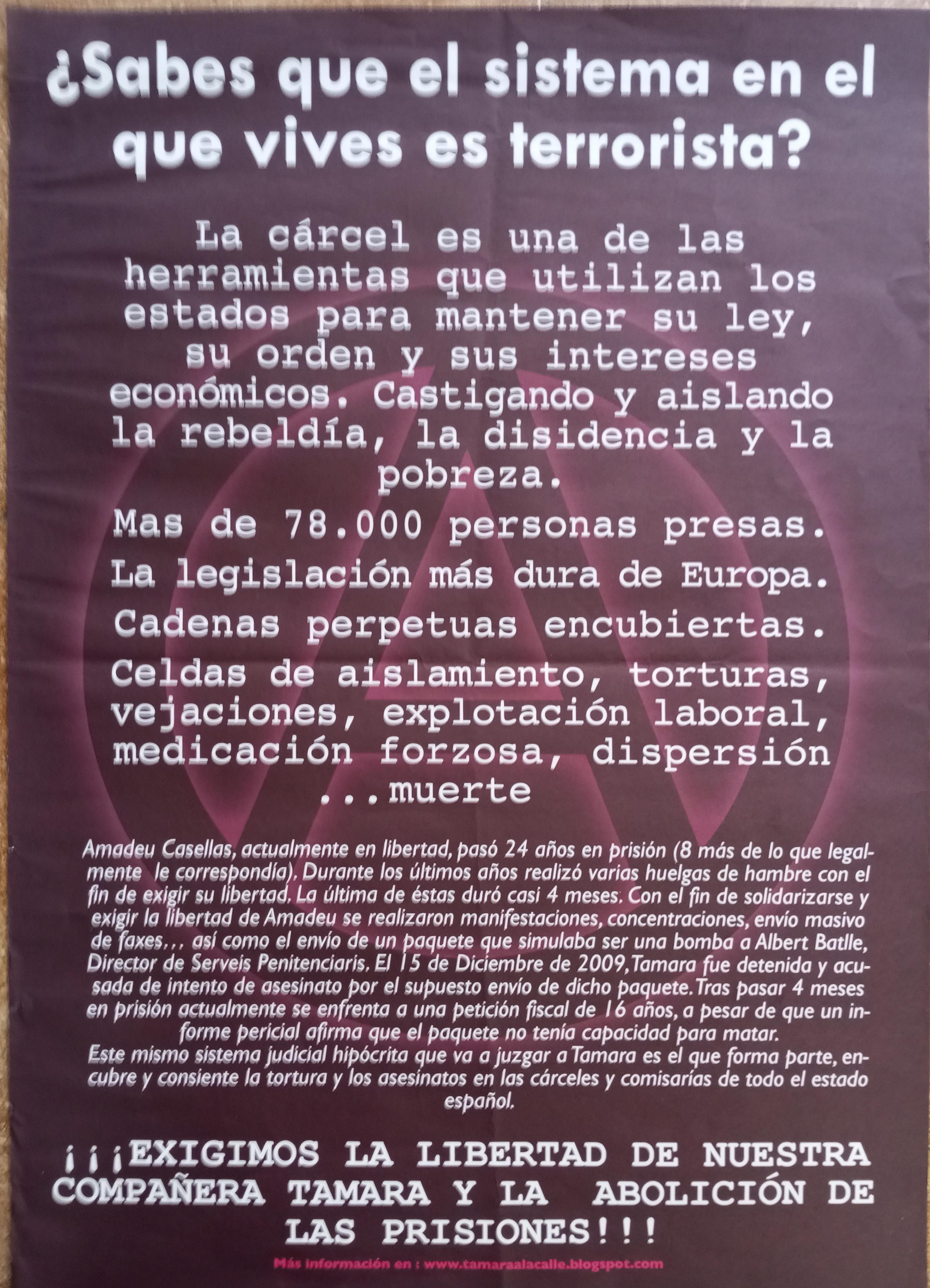 ¿Sabes que el sistema en el que vives es terrorista? Libertad para Tamara y abolición de las prisiones