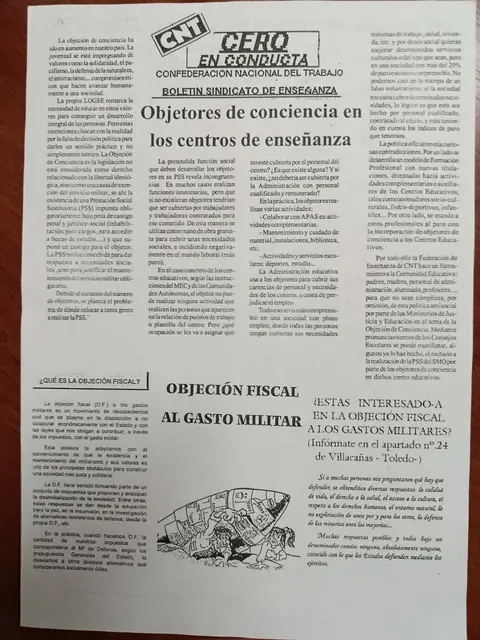 Vista principal de Cero en Conducta [página interior: “Objetores de conciencia en los centros de enseñanza” y “Objeción fiscal al gasto militar”]