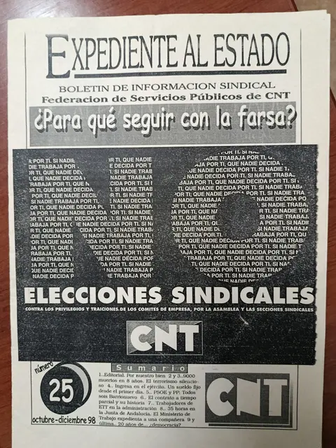 Vista principal de Expediente al Estado; Elecciones sindicales; publicación CNT n.º 25 (octubre-diciembre 1998, cabecera oculta)