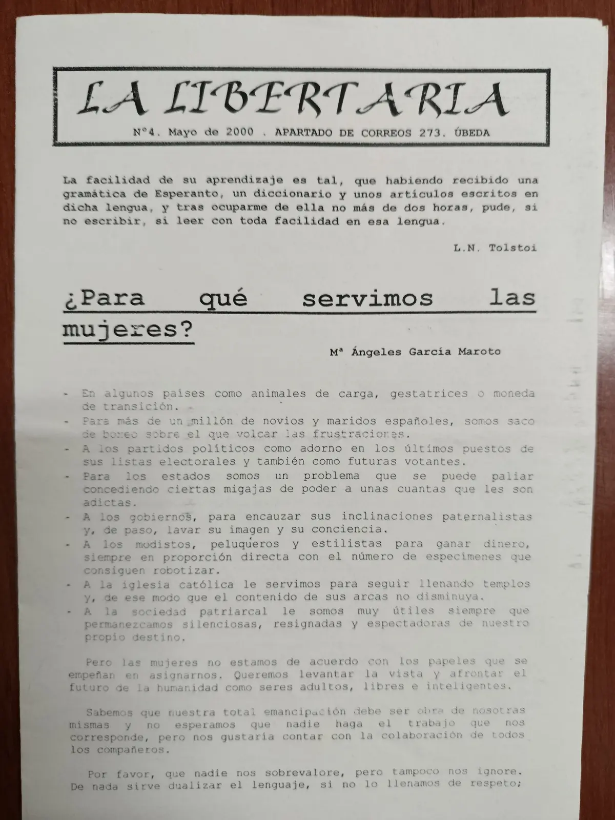 Vista principal de La Libertaria, n.º 4
