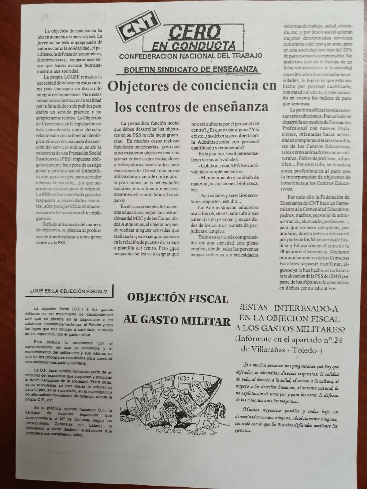 Vista principal de Cero en Conducta [página interior: “Objetores de conciencia en los centros de enseñanza” y “Objeción fiscal al gasto militar”]